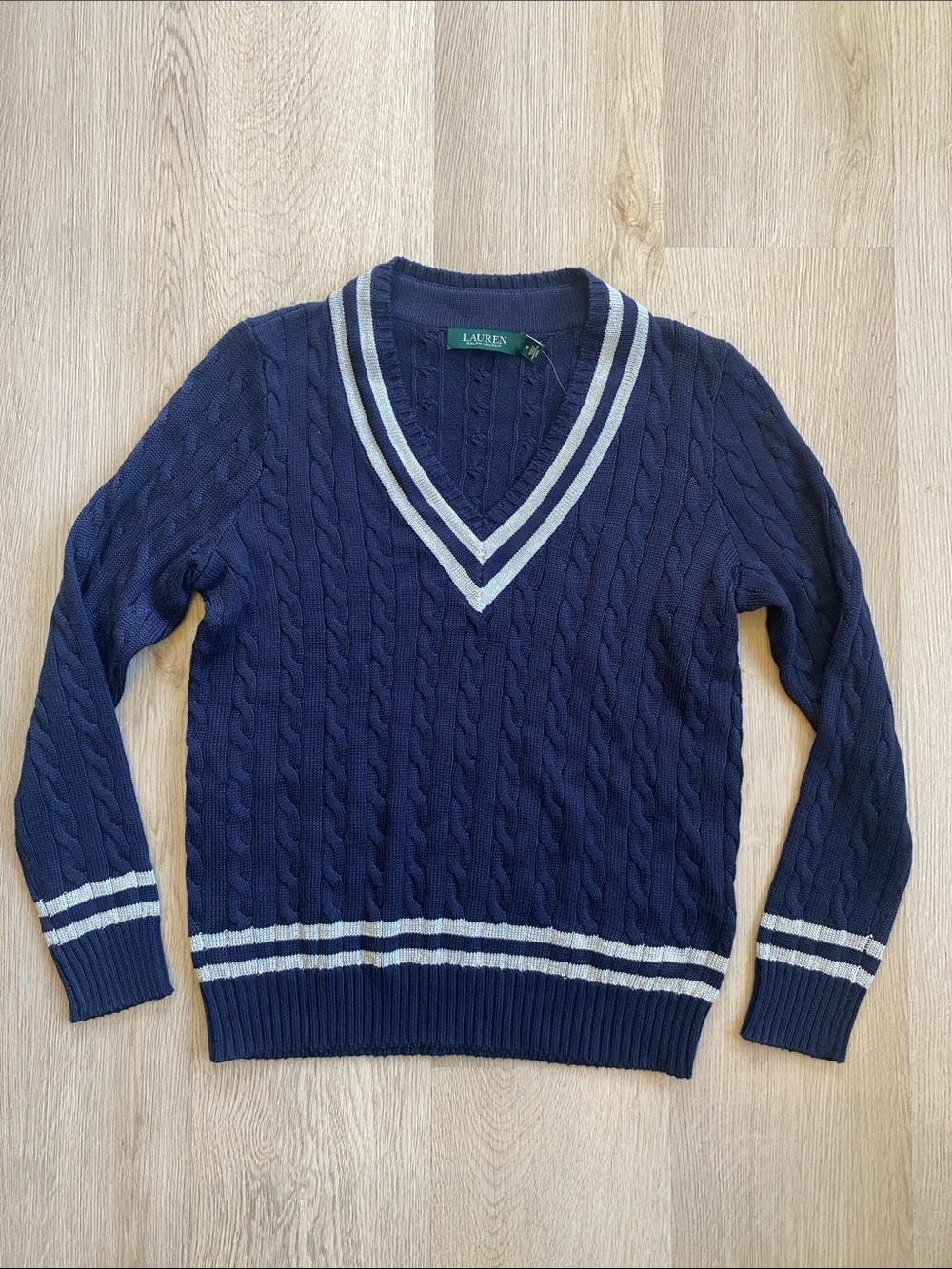 Lauren Ralph Lauren Navy Cable Knit V-Neck Sweater Preppy NWT M - Picture 2 of 10